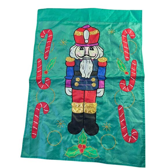 Vtg Applique Christmas Holiday Yard Flag Double Sided Nutcracker Candy Cane - Picture 4 of 10